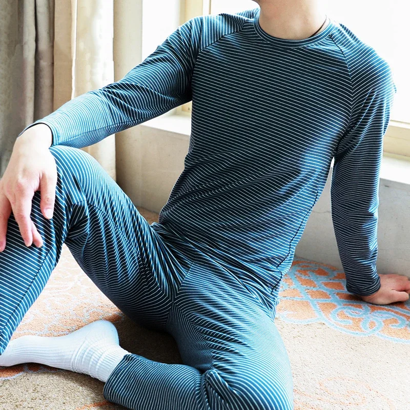 Winter Men Thermal Underwear Warm Man Soft Cotton Warm Panels Long Johns Stripe Clothing Pajamas Set Autumn