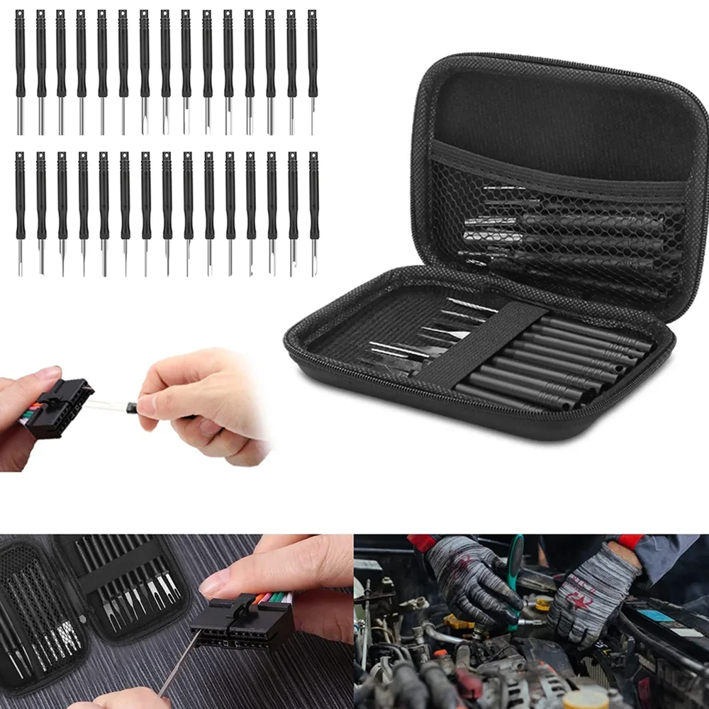 Herramienta de desmontaje de terminales de caja de 30 piezas, kit de extractor de pines de conector de prensado de cables, herramienta de reparación de enchufes de cables de llave, kit de desmontaje de coche