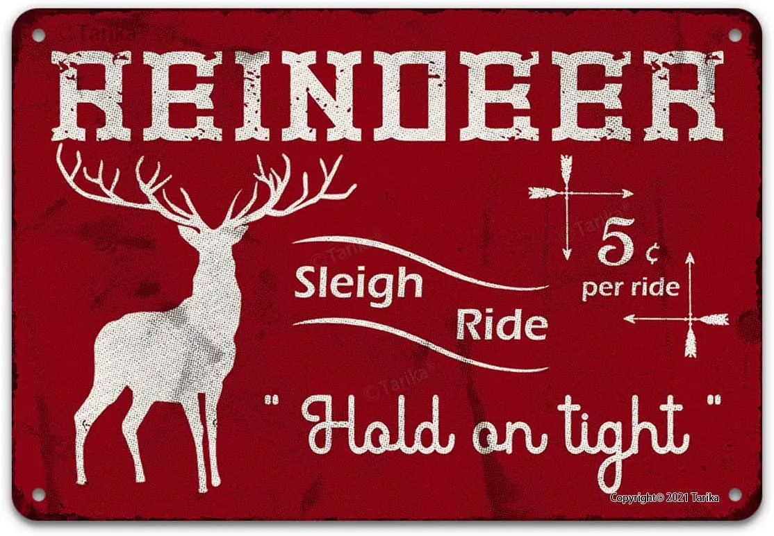 Reindeer Sleigh Ride 5 Cent Per Ride Hold On Tight Funny Vintage Metal Tin Sign Wall Decor for Home, Farmhouuse, Bar, Restaurant