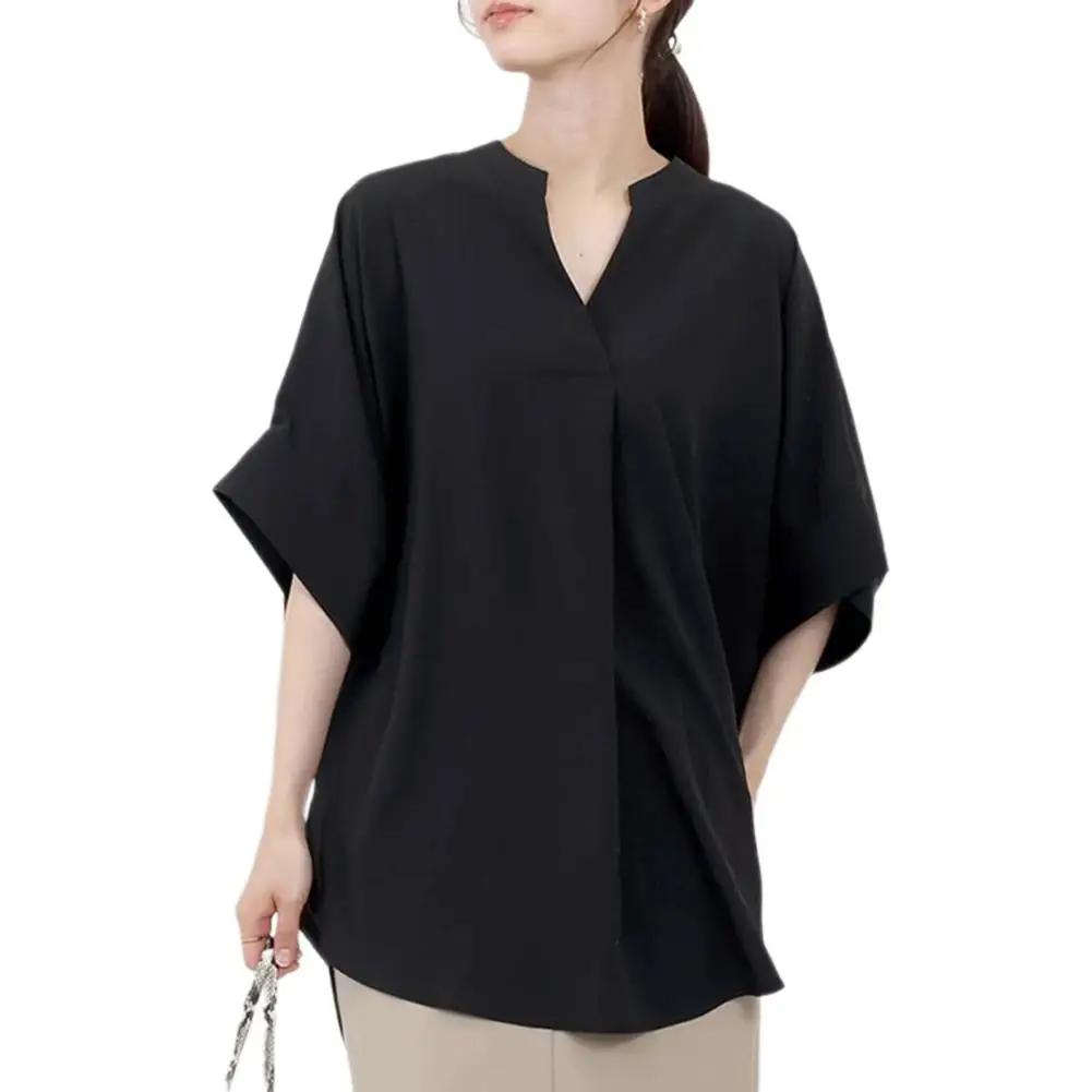 Women Shirt Soft Stretchy Top Stylish Women's V-neck Shirt with Batwing Sleeves Short Sleeve Dressy Business Blouse for Work