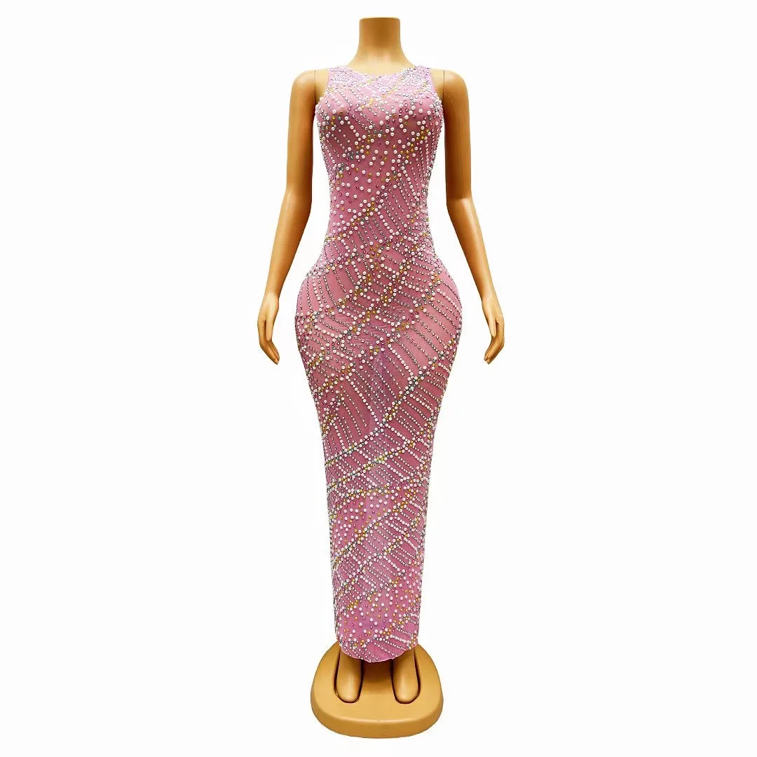 

Colorful Rhinestones Crvstals Sleeveless PinkGreen Dress Sexy Stretch Dance BirthdayCelebrate Costume Party Wear huatian C088