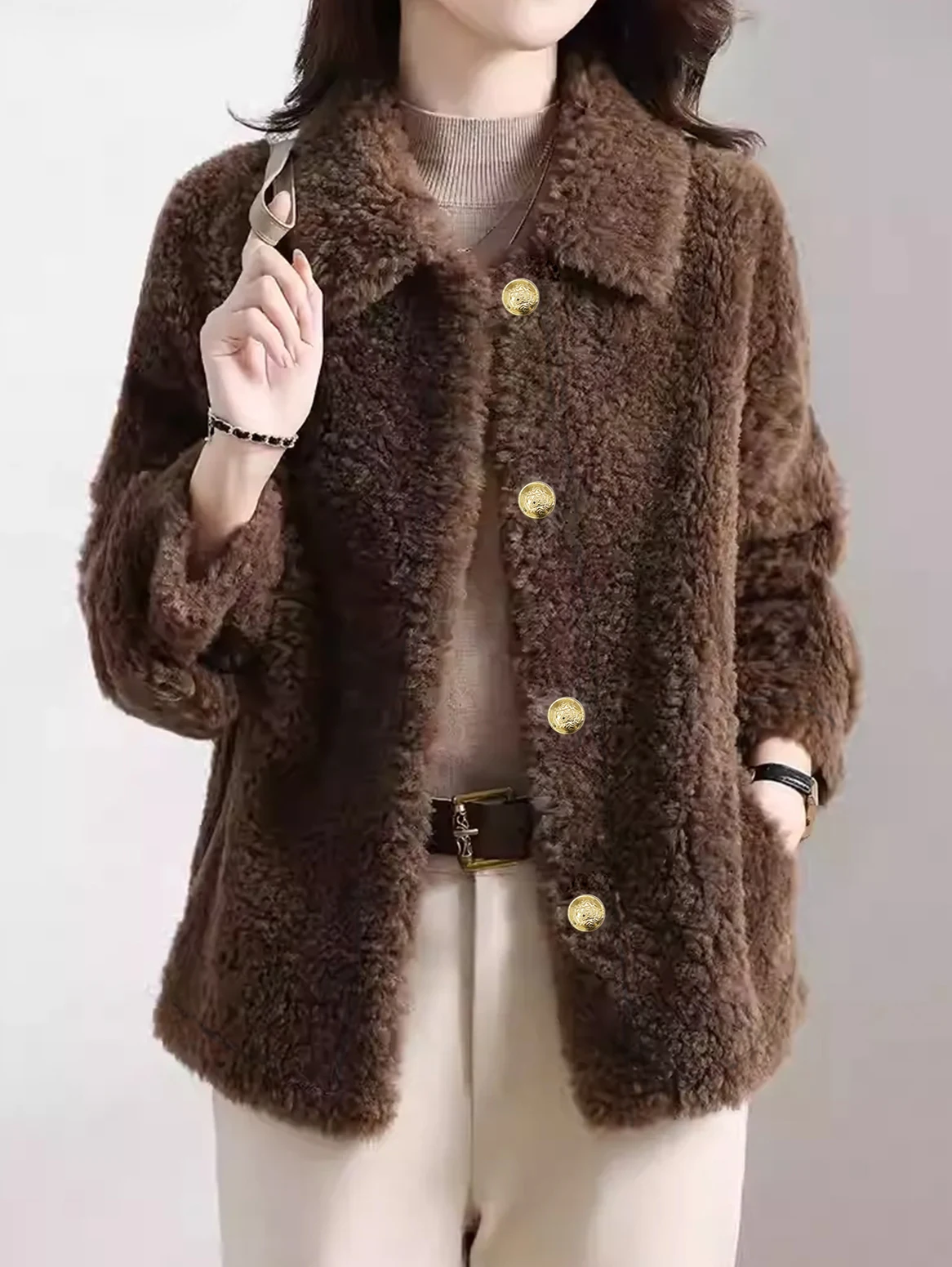 معطف شتوي سميك بأكمام طويلة بلون سادة للسيدات، ملابس خارجية فروي للنساء، سترة دافئة عصرية بمقاس كبير