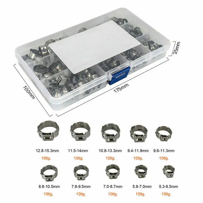100pcs 5.3mm-15.3mm Stainless Steel Ring Hose Clamps Single Ear Clips Pipe Clamp Assortment Kit Clamps for Tubes Water Clips