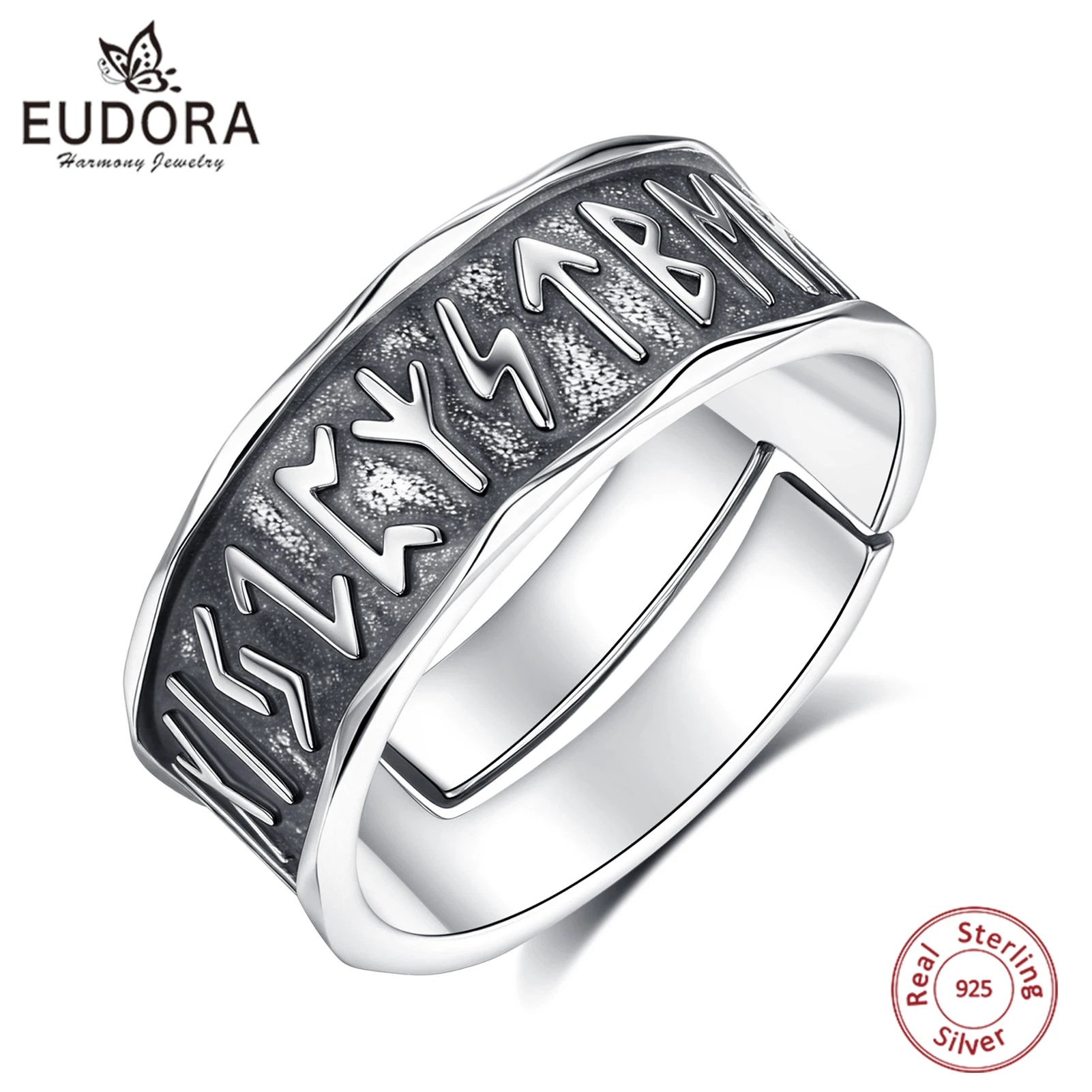 

Eudora 925 Sterling Silver Viking Runes Adjustable Ring Vintage Norse Symbol Open Ring Personality Jewelry Gift for Women Men