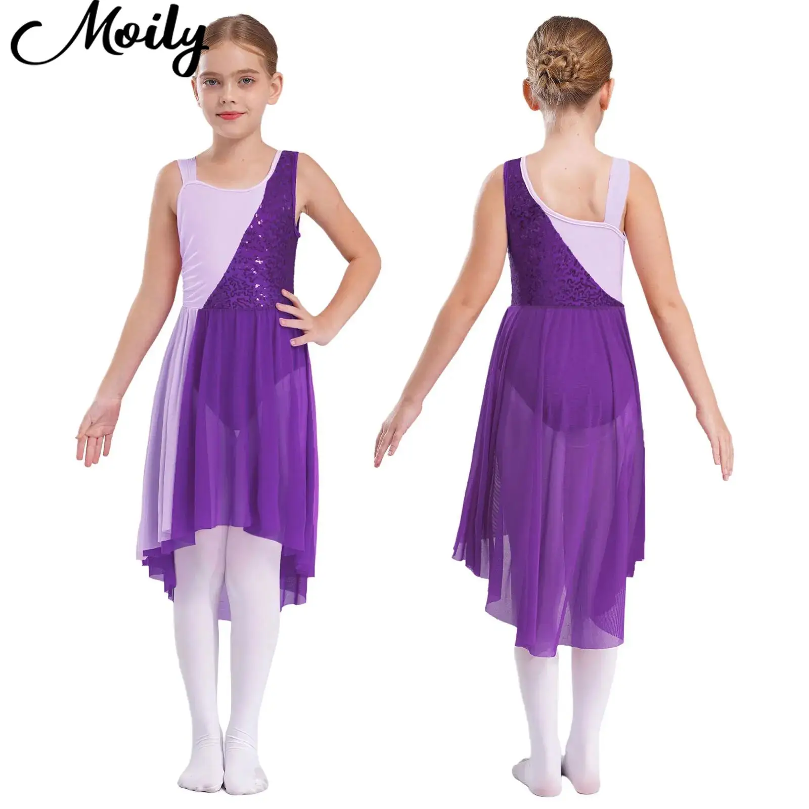 Moily-vestido de baile lírico moderno con lentejuelas para niñas, patinaje artístico, actuación gimnástica, traje elegante, vestido de fiesta sin mangas