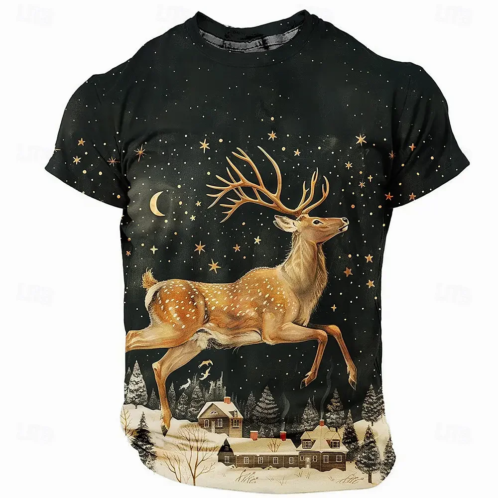 Christmas T-Shirts For Men 3D Santa Claus Deer Printed Men's Clothing Designer Short Sleeved Loose Oversized T-Shirt Street Tops