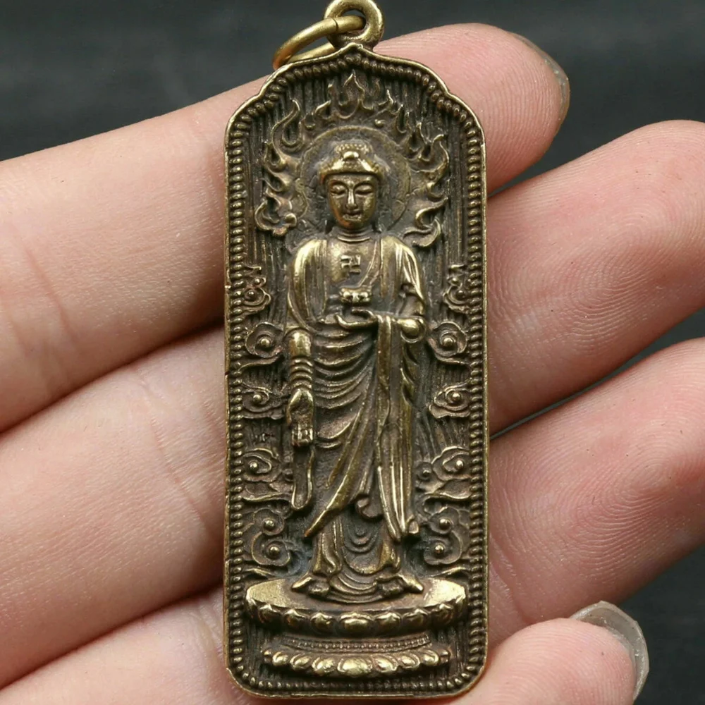 54mm Chinese Bronze Shakyamuni Buddha Pendant Buddhist Peace Amulet Protection Necklace Lotus Statue Lucky Gift