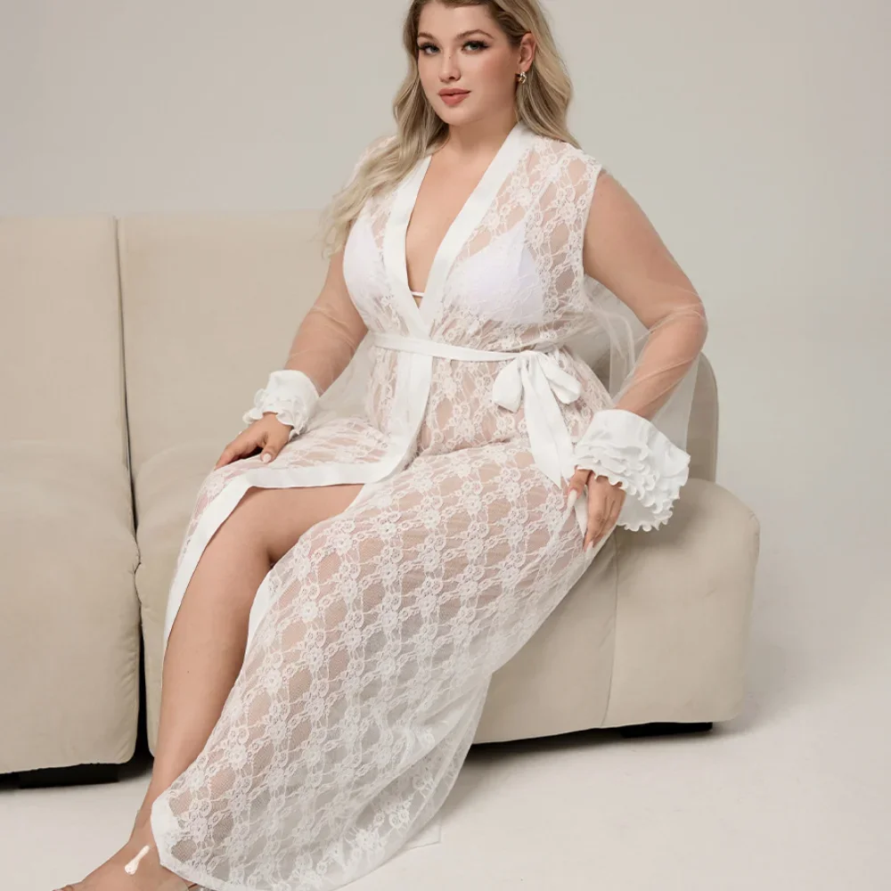 

Плюс размер свадебный халат невесты ночная рубашка сексуальный перспективный кружевной пеньюар ночная рубашка комплект из 2 предметов свободная домашняя одежда из ледяного шелка домашняя одежда 5XL