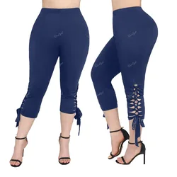 ROSEGAL Plus Size Women's Skinny Pants Deep Blue Hollow Out Side Braided Capri Leggings Spring Summer Cropped Trousers Mujer