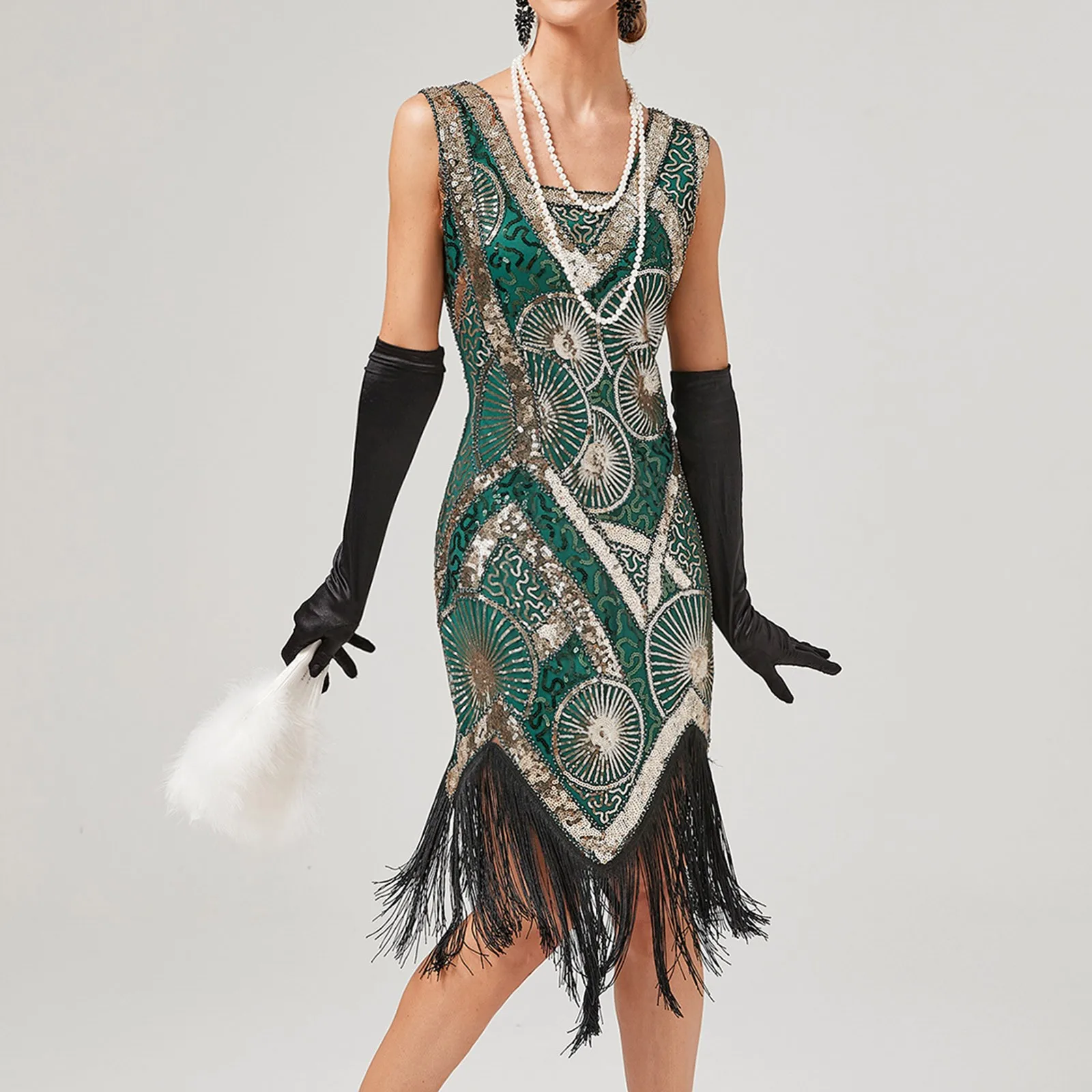 Vintage 1920er Jahre Flapper große Gatsby Kleid O-Ausschnitt Mütze Ärmel Pailletten Fransen Party Midi Kleid 1920 Sommerkleid Vestidos