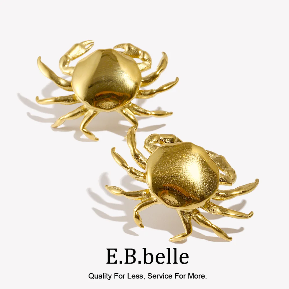 E.B.belle Summer Ocean Series Crab Stud Earrings Water Resistant 316L Stainless Steel Earrings for Women 18K Gold Plated Gift