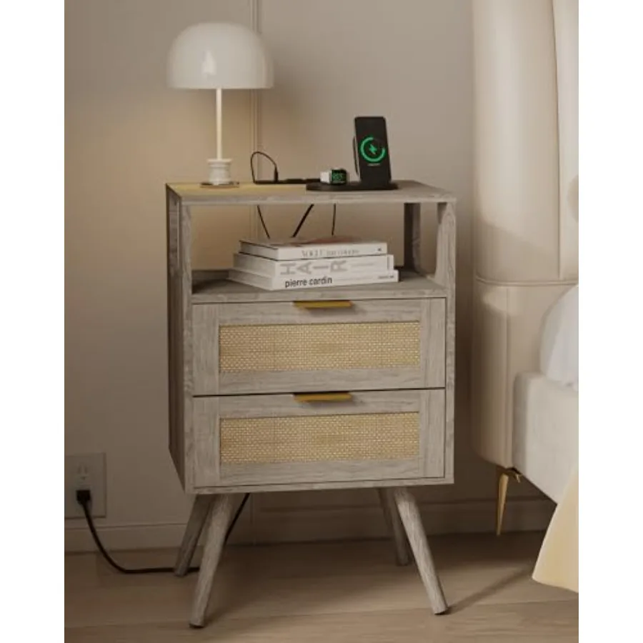 

Rattan Nightstand with Charging StationFarmhouse Bedside Table with 2 Storage Drawer and Open Wood Shelf for Bedroom and Small