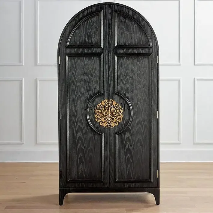 

02*French oak wardrobe retro black wall simple modern light luxury display cabinet