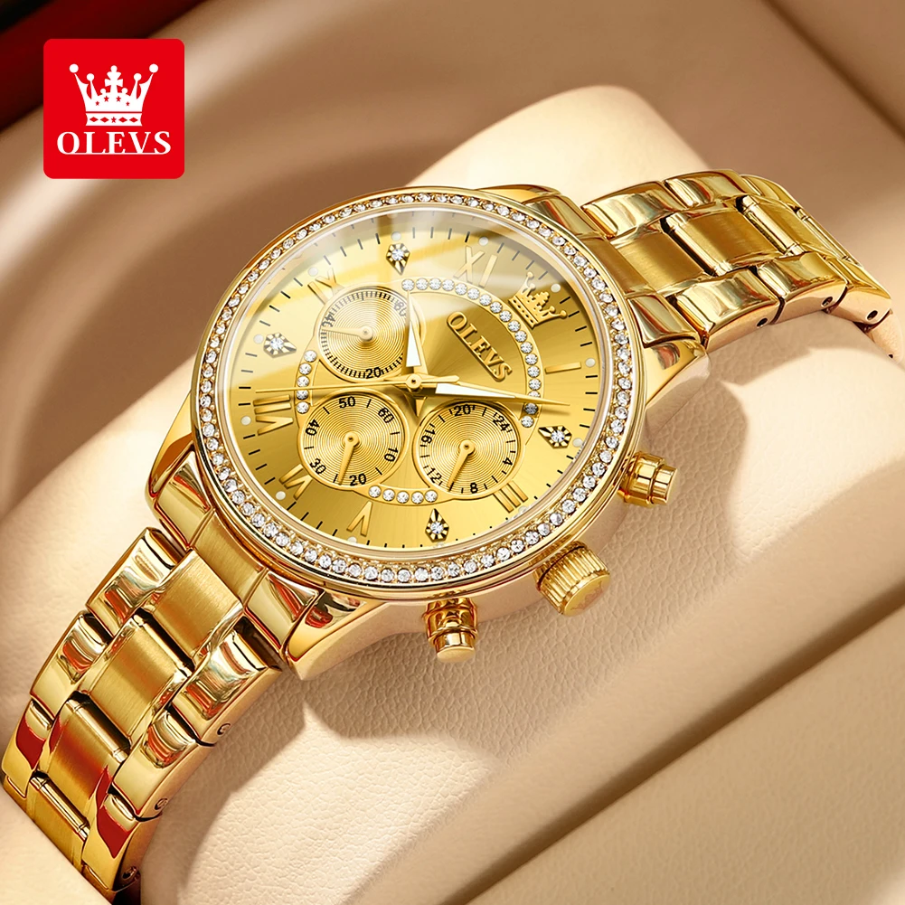 OLEVS Women's Watches Top Brand Luxury Original Quartz Watch for Ladies Chronograph Waterproof Luminous Rhinestone Dial 24 Hour