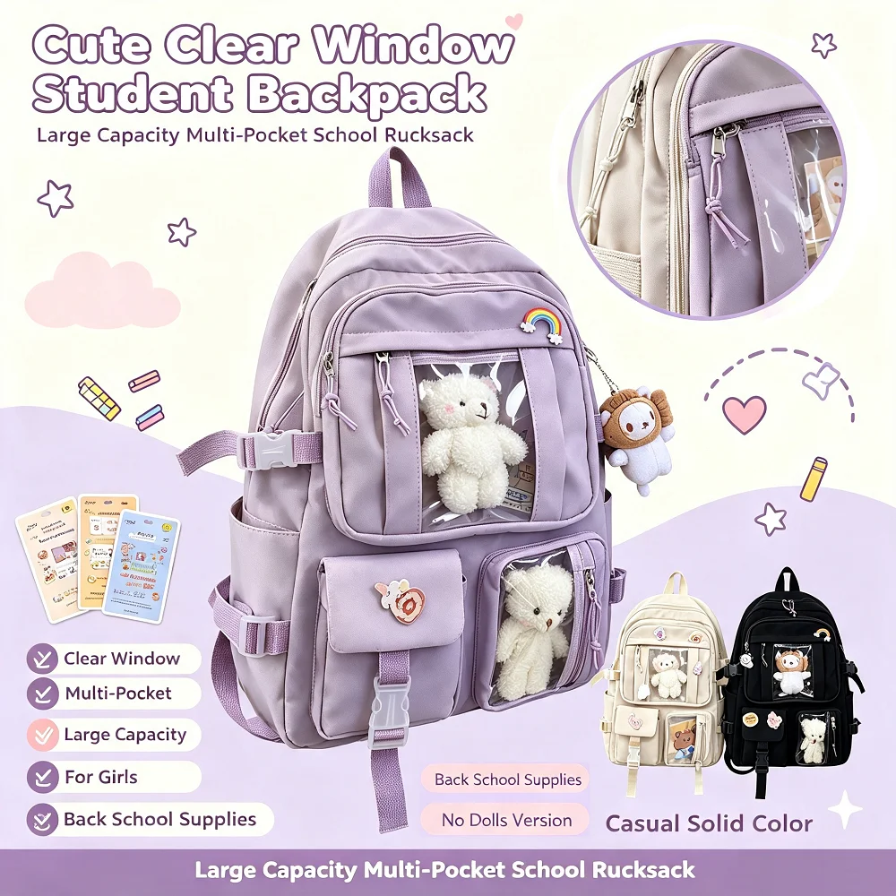 Cute Clear Window Student Backpack Large Capacity Solid Color Multi‑Pocket Casual School  Rucksack For Girl Back School Supplies