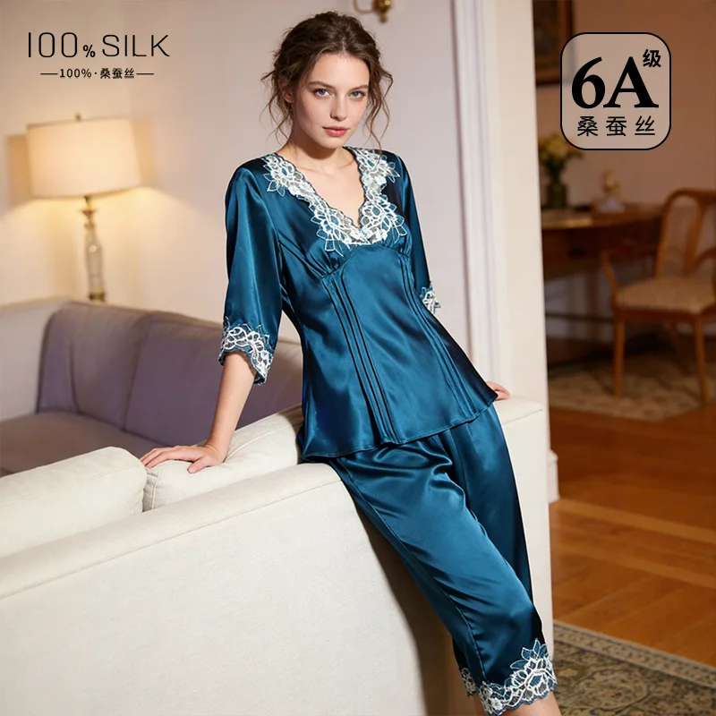 19 Momme 100% Mulberry Silk Lace Trim Summer Pajama 2 Pieces Solid Color 3/4 Sleeve Women's Loungewear Set Casual Outfit Pajamas