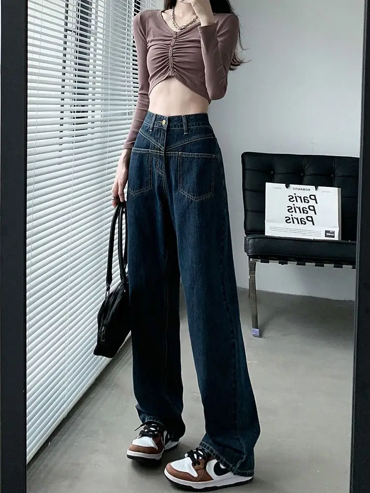 

Streetwear Button High Waist Blue Grey Jeans Casual Baggy Trousers Fashion High Street Solid Wide Leg Jean Women Pantalones A834