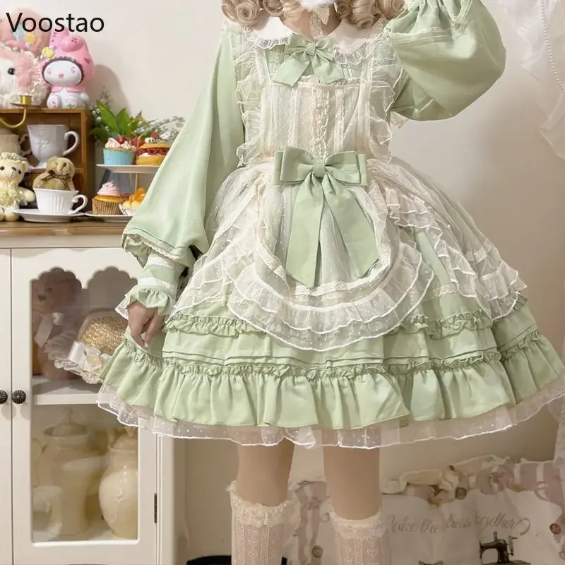 Vestido OP com laço de malha para mulheres, vestido doce princesa Lolita, vestidos verdes elegantes vintage, vestido vitoriano feminino de chá Kawaii, Harajuku