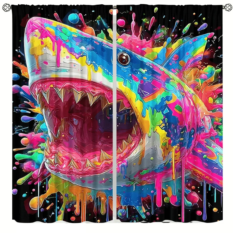 Colorful graffiti shark curtains, installed using pocket rod method, suitable for bedrooms, living rooms, balconies decoration