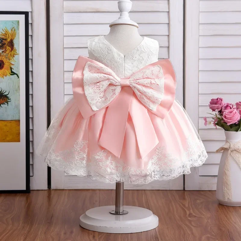 Baby Girl Lace Birthday Dress Toddler Kids Wedding Tutu Gown Big Bow Princess Dresses Baby Ceremony Baptism Party Dress