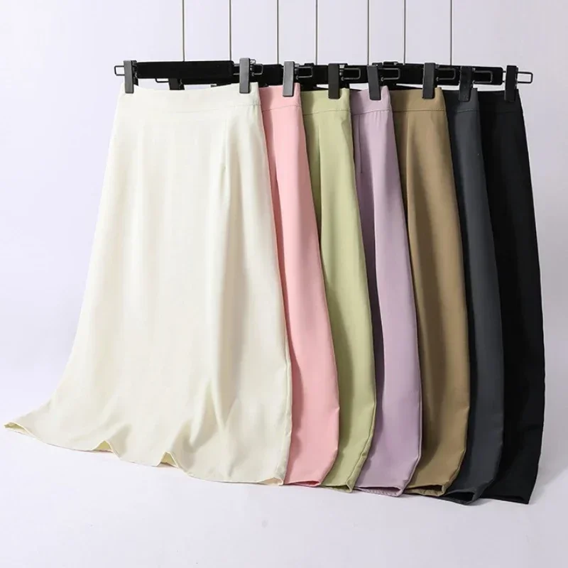 

2025 Korean A-Line Big Size Skirt Simple Solid Color Elastic Waist Half-length Skirt Summer High Waisted Mid Length Long Skirt