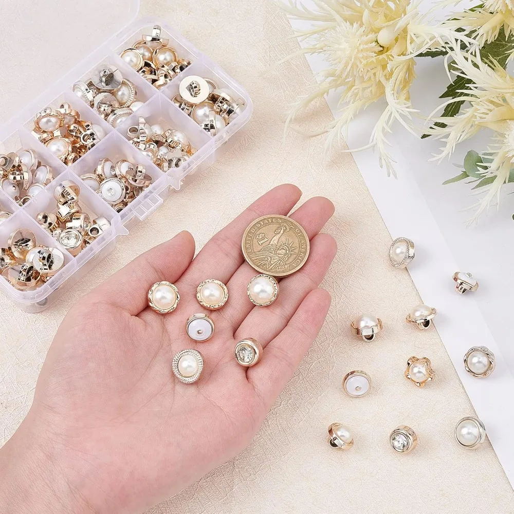 100Pcs Faux Pearl Buttons 10 Styles Retro Plastic Pearl Buttons with Shank Round Buttons Embellishments Sewing Crafts Making Kit