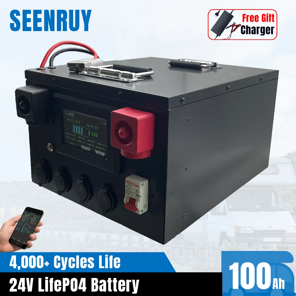 24V 100Ah LiFePO4 Battery Built-in BMS Lithium Iron Phosphate Waterproof for Off-Road Off-grid Solar energy RV Golf Cart Campers