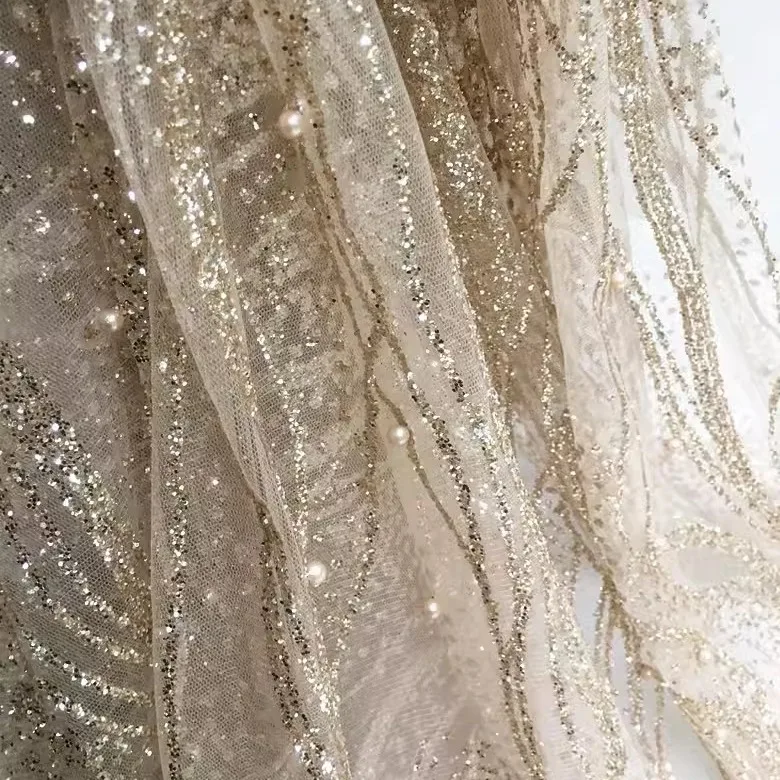 

Embroidered Beaded Mesh Fabric Evening Party Dress Material Shinny Hot Stamping Powder Glitter Wedding Celebration Decoration
