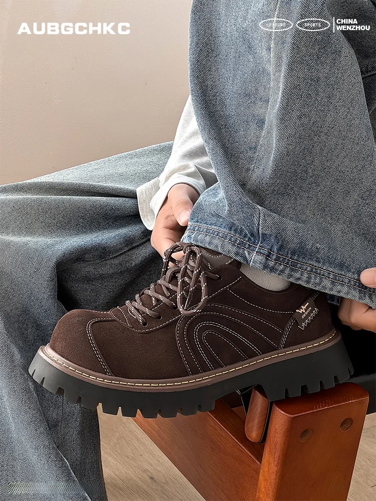 

Browan Shoes Men's Thick Bottom Heightening Retro Casual Workwear Leather Shoes Trendy round Toe Lace-Up Rubber Sole