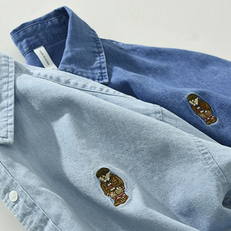 Vintage Denim Shirts for Men Embroidery Bear Long-sleeved Shirt 100% Cotton Casual Simple Japanese Style camisas de hombre