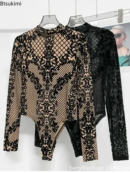 2025 Kadın Seksi İşlemeli Uzun Kollu Bodysuits Tulum Moda Akşam Parti Kulübü High-end Tüm Maç Tişört Dantel ile Tops