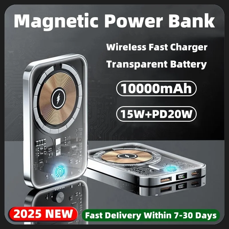 

10000mAh New Transparent Magnetic Power Bank 15W Wireless Fast Charger For iPhone Samsung Xiaomi Powerbank External Battery Pack