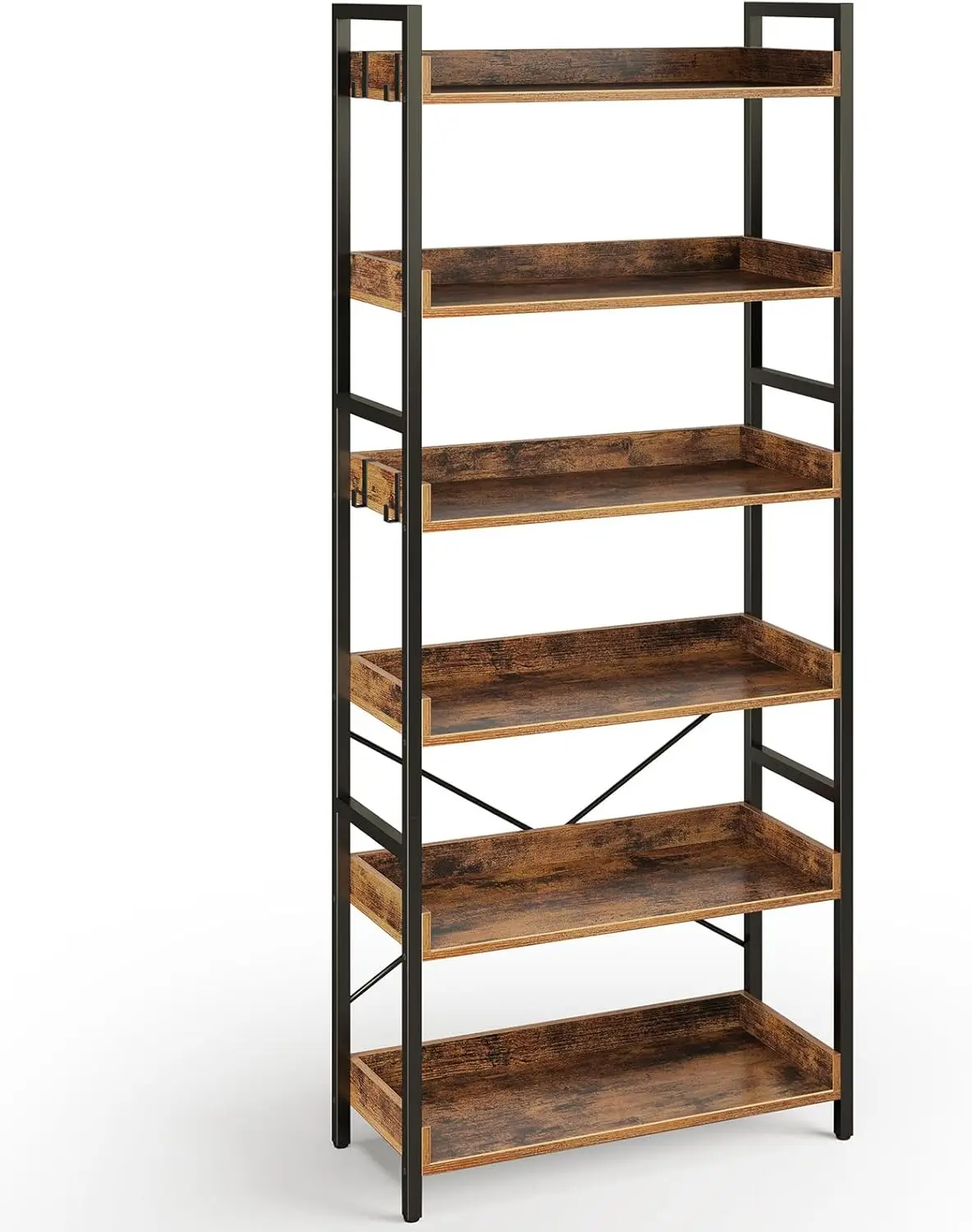 

Rolanstar Bookshelf 6 Tier with 4 Hooks, Industrial Bookcase, Vintage Storage Rack Open Shelves Rustic Standing Bookshelves