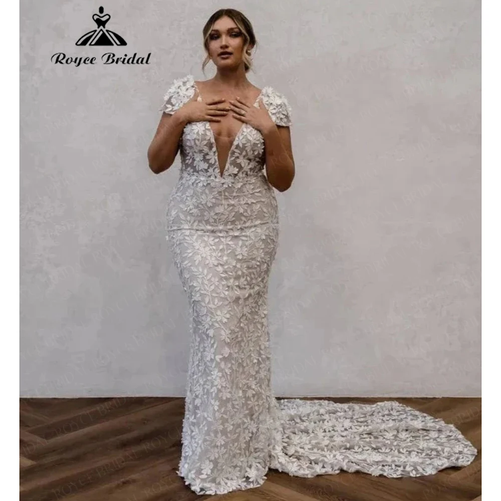 

Roycebridal 2025 Boho Sexy V Neck Full Lace Mermaid Wedding Dress Cap Sleeve Court Train Bridal Prom Gown Customized Brautkleid
