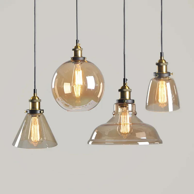 

American Retro Led Suspension Light Creative Bedroom Home Decors Accessories Amber Color Glass Hanging Lamp