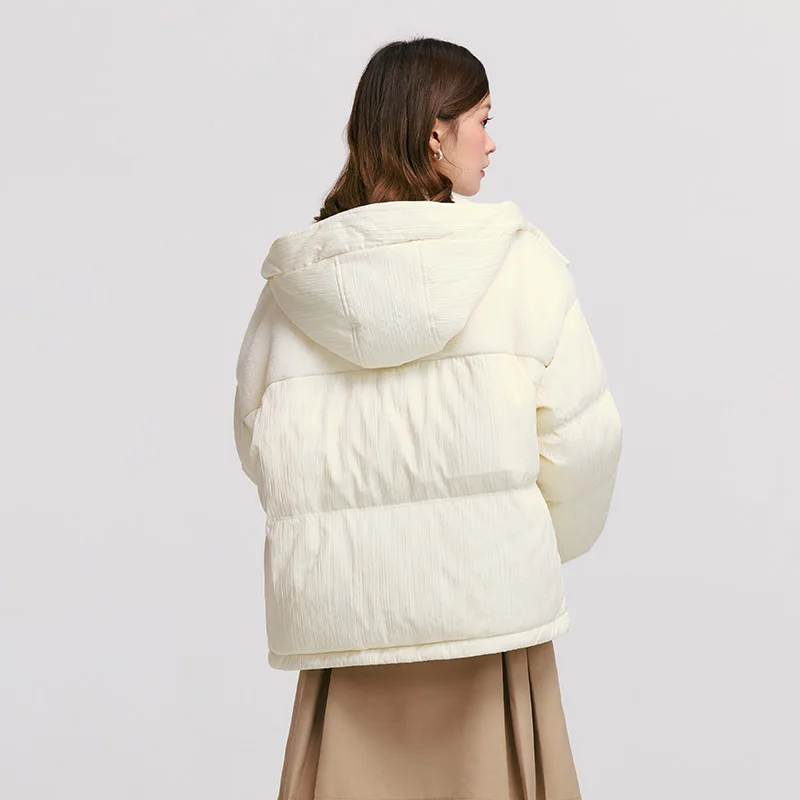 Semir Down Jacket Women Loose Spliced Imitation Lamb Wool Top Personality Winter Hooded Texture White Coat