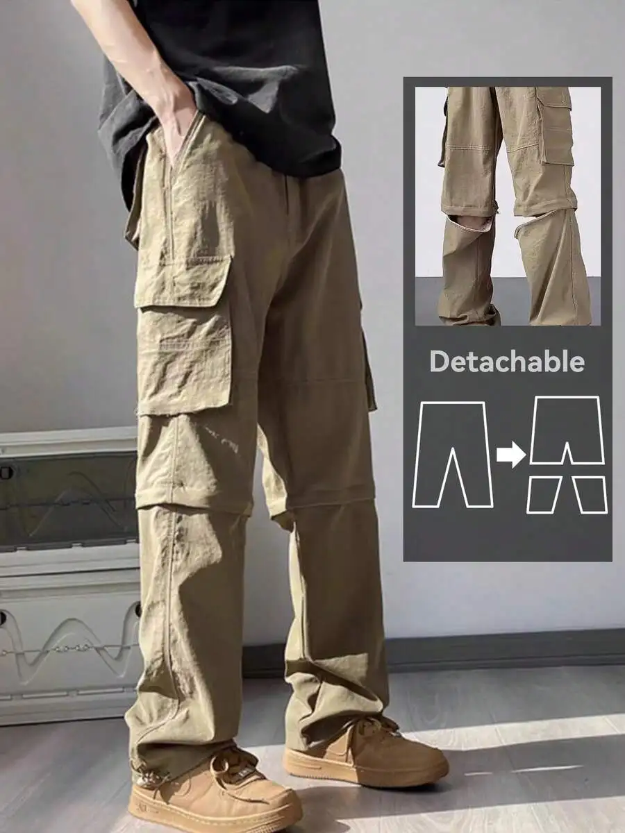 

Detachable Cargo Pants With Anti-Loss Zipper Pocket High Waist Deep Crotch Solid Color Mens Work Pants