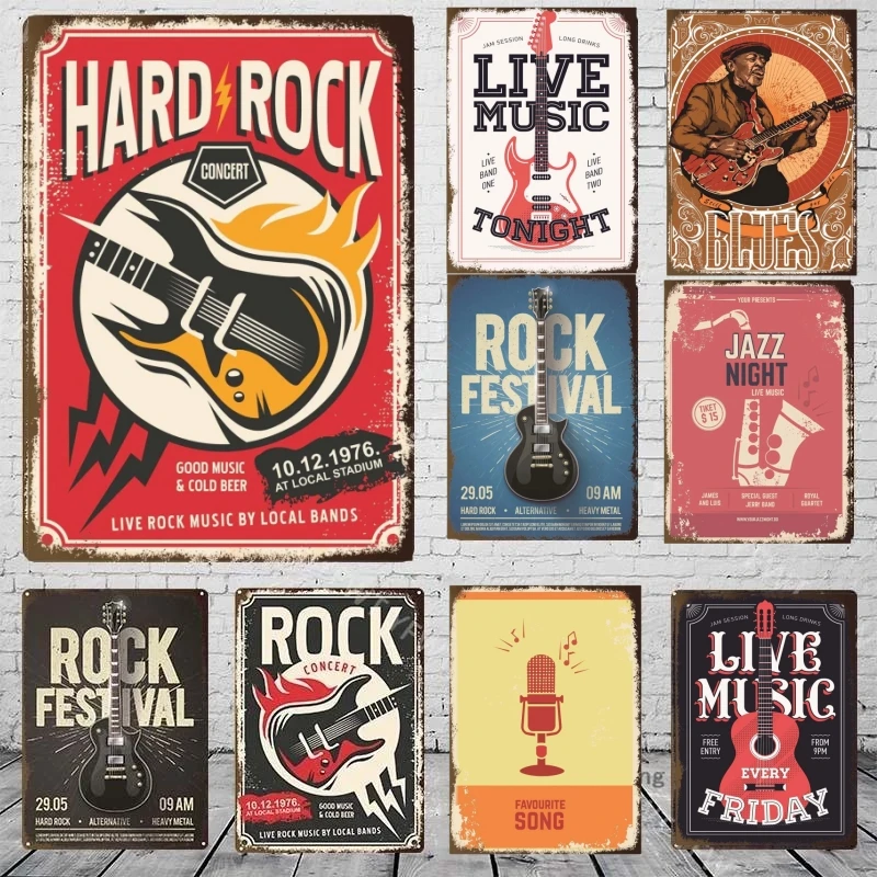 Vintage Tin Signs Decor Rock Music Metal Posters Retro Guitar Rock Party Metal Plates Room Wall Art for Bar Pub Club