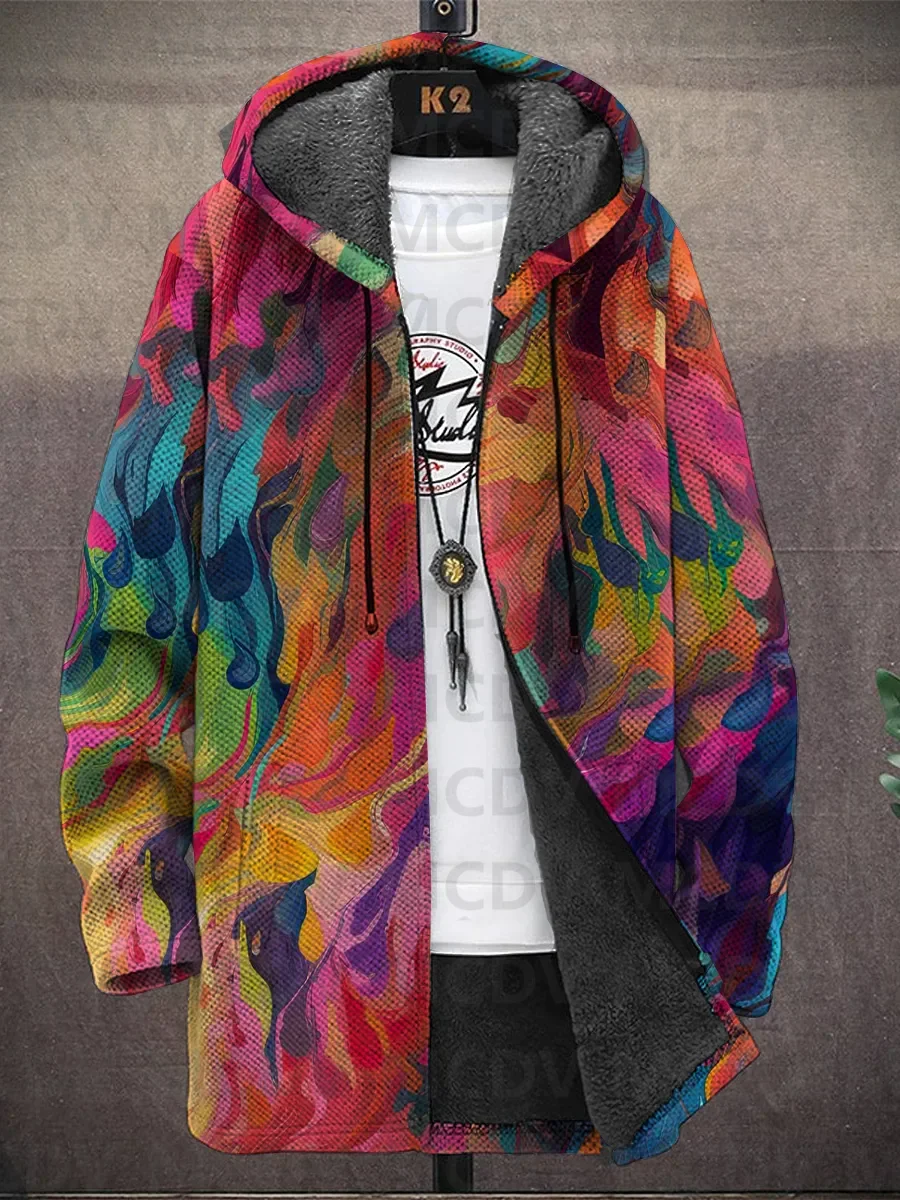 Men's Oil Art Print Hooded Two-Pocket Fleece Cardigan Jacket