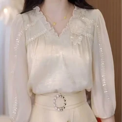 Spring Summer New Fashion V-neck Three Quarter Blouse Women High Street Casual Patchwork Edible Tree Fungus All-match Pullovers
