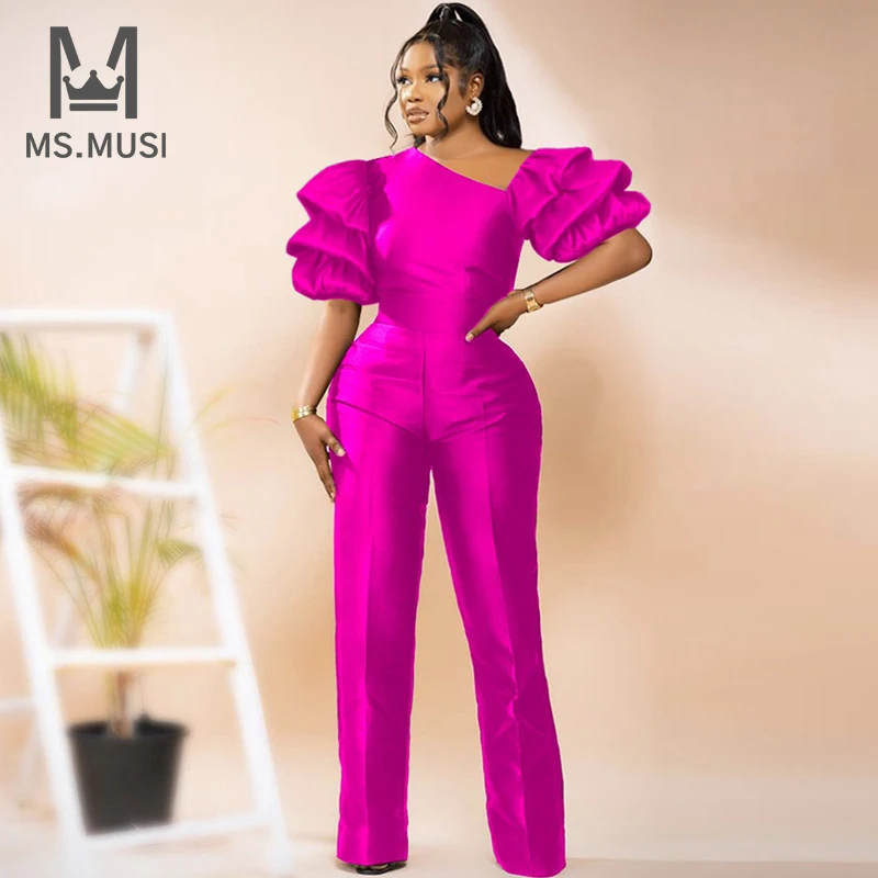 

MSMUSI 2023 New Fashion Women Sexy Off The Shoulder Falbala Ruffles Draped Fold Puff Short Sleeve Bodycon Party Club Jumpsuit