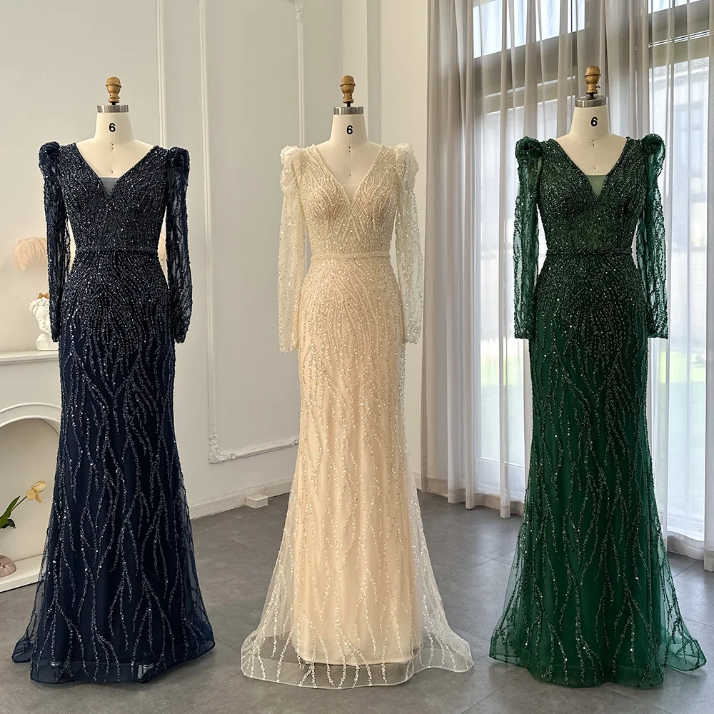 Sharon Said Navy Blue Mermaid Evening Dress for Women Wedding Emerald Green Long Sleeves Arab Formal Party Gown SS099 Customized