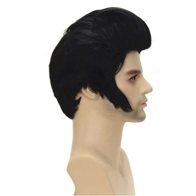 50's Men's Black Wig Synthetic Hair Vintage 1950s Rocker Costume Wig Halloween Fancy Dress Party Cosplay Wigs