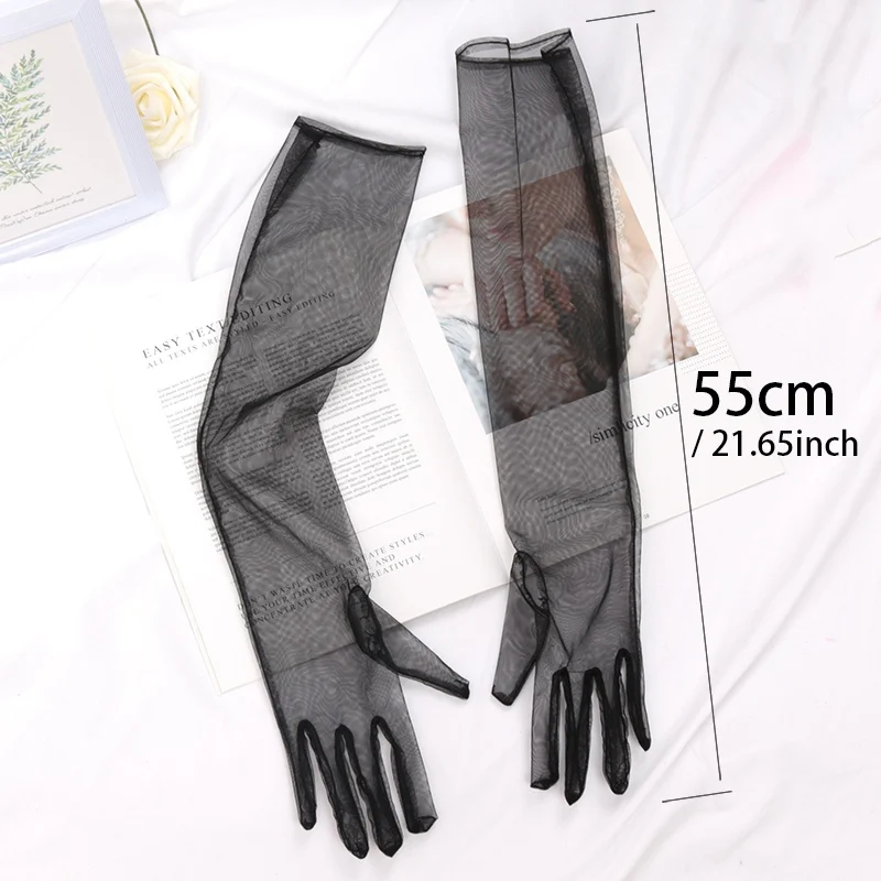 Fashion Long Sheer Tulle Gloves Ultra Thin Stretchy Full Finger Mittens Mesh Elbow Wedding Bride Gloves Drive Sunscreen Mittens