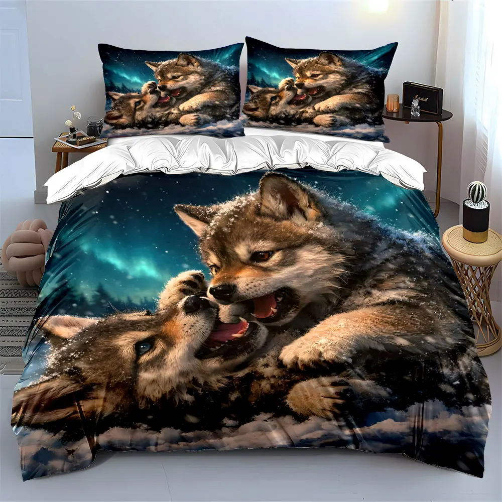 Playful wolf pups in snow Duvet Cover Set with 3D Printing Design Soft Polyester Bedding Set All-Season Comfort Machine Washable