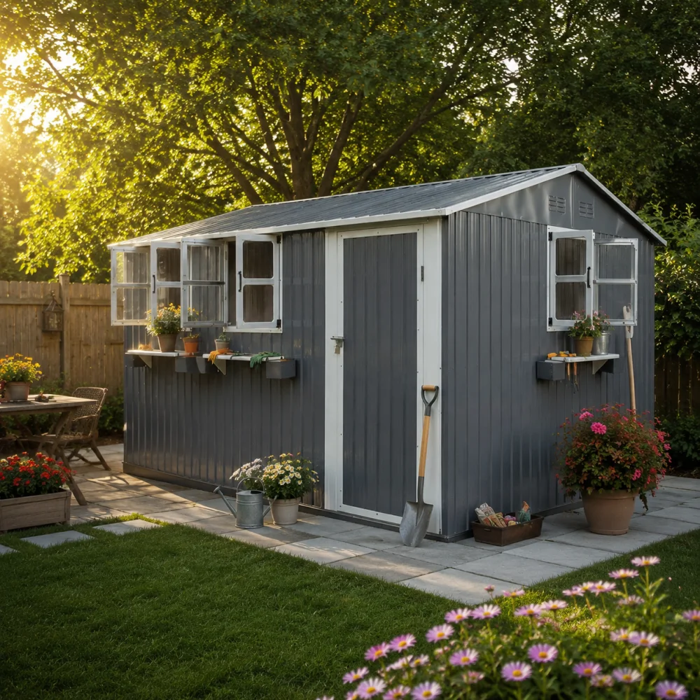 12x10 FT Outdoor Metal Storage Shed with 3 Clear Windows & Decorative Flower Rack, Lockable Single Door Tool Shed, Heavy Duty Waterproof Weatherproof Garden Shed for Backyard Patio Yard,Gray