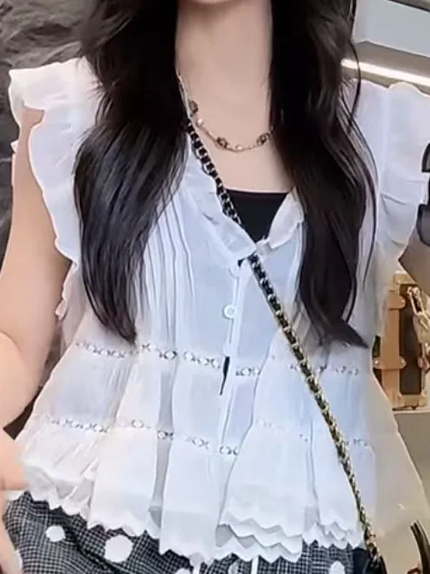 Summer Loose Large Size Women's irt Fairy Sve Lace Trim V-Ne Svel Top Gentle Wind Earlet Floral 