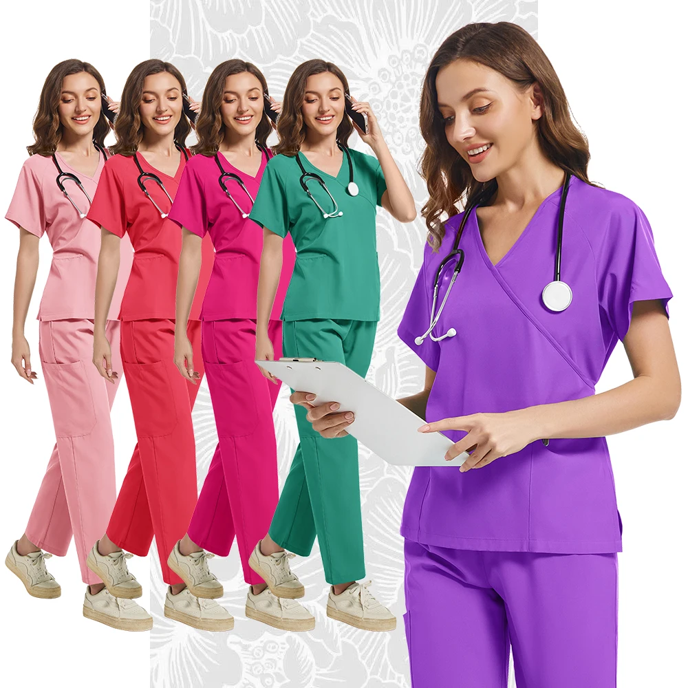 Multicolor Women Scrubs Uniform Short Sleeve Tops+Pants Nursing Uniform Pet Shop Doctor Scrub Medical Surgery Workwear Scrub Set