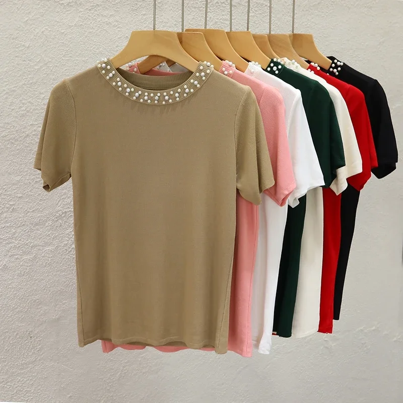 2026 Ladies Solid Versatile Tees Elegant Women Knitted T-Shirt New Chic Short Sleeve Tops Sleeveless Beading Casual Tops
