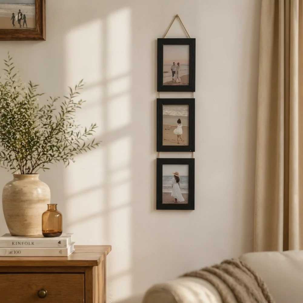 Cadre photo suspendu de 6 pouces, style rustique, porte-photos connecté, décoration murale, cadre photo rétro multi-panneaux, cadre pour portrait de famille